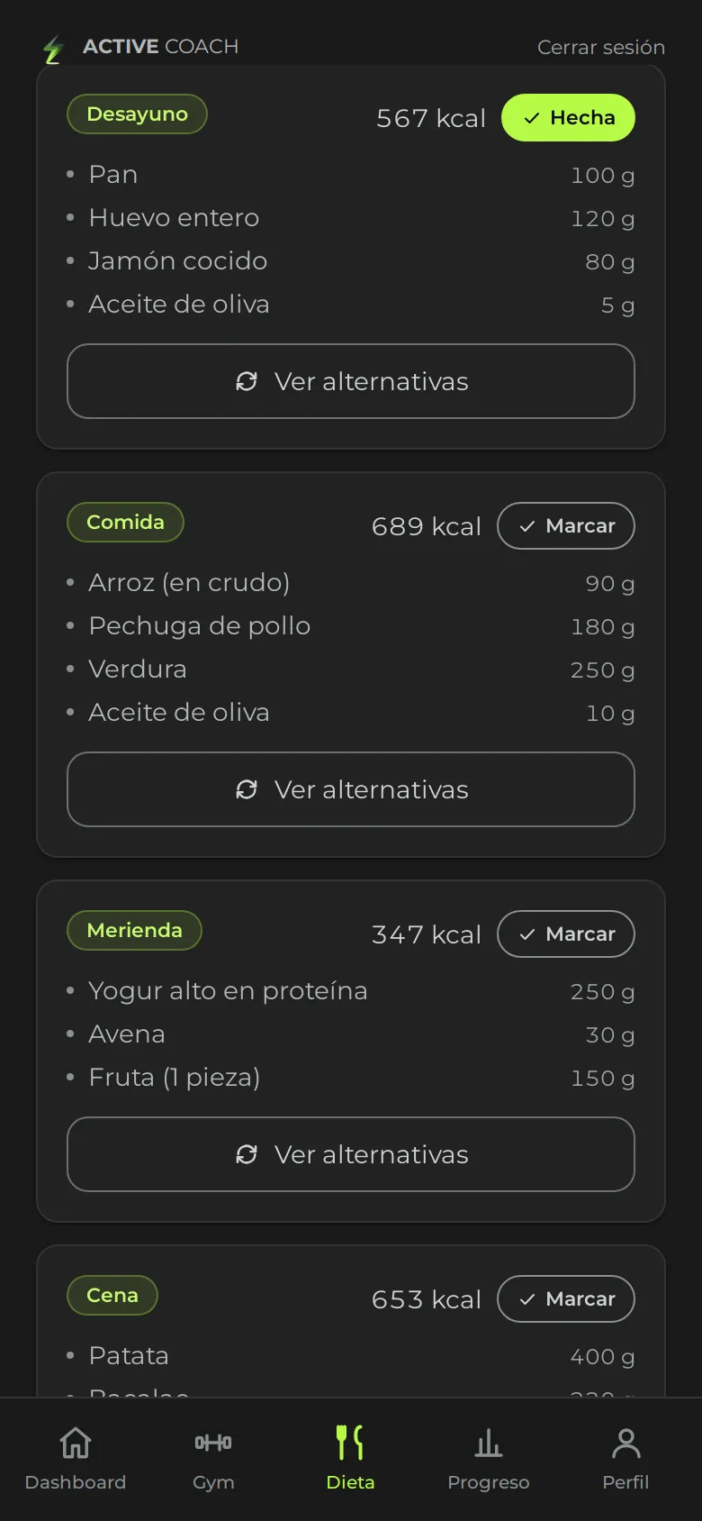 App del cliente: plan de dieta con las comidas del día y los gramos de cada alimento