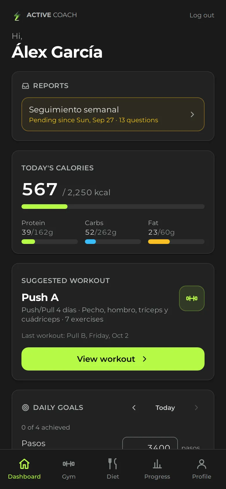 Client app: home screen with today's calories and the suggested workout